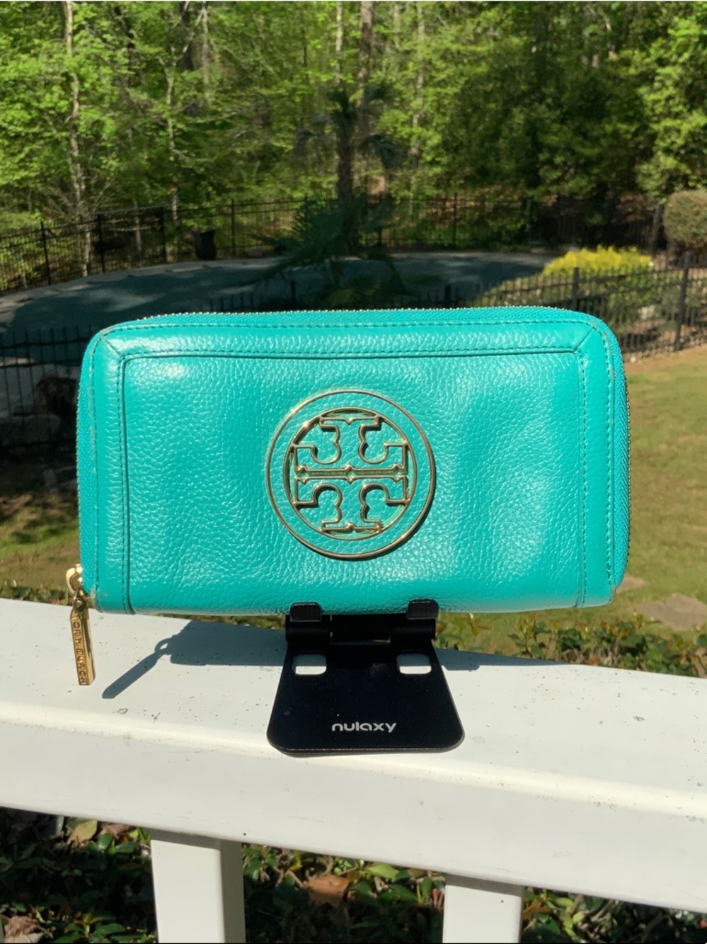 Tory Burch Turquoise Zip-Around Leather Wallet with Gold Logo